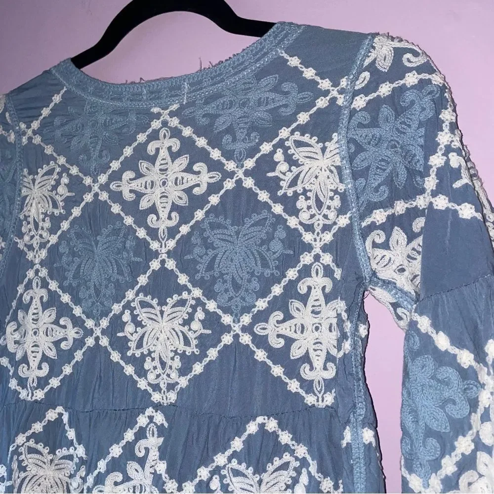 Anthropologie Kindred S Embroidered Boho Blouse Blue Top